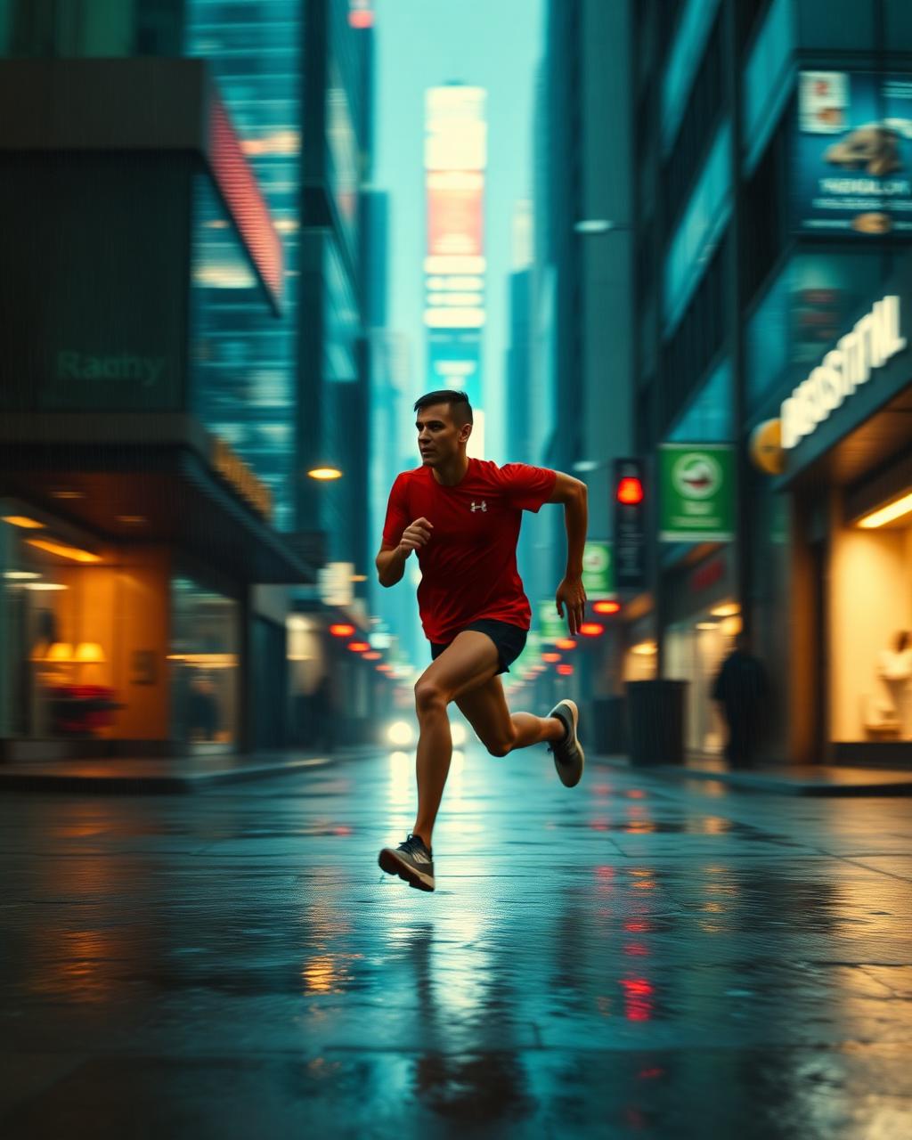 Athlete sprinting through neon-lit rainy city street