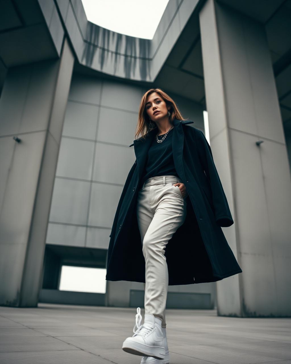Fashion model in monochrome streetwear against brutalist architecture